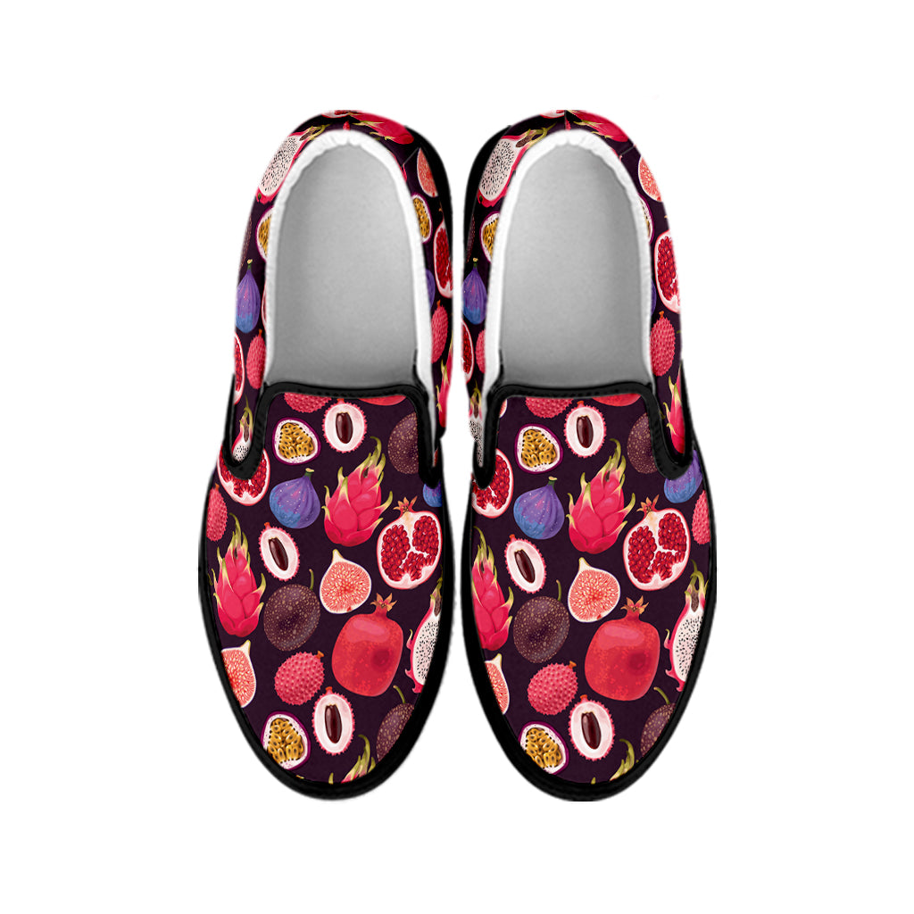 Tropical Summer Fruits Pattern Print Black Slip On Shoes