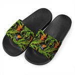 Tropical Summer Pattern Print Black Slide Sandals