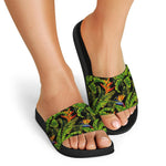 Tropical Summer Pattern Print Black Slide Sandals