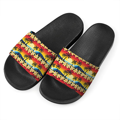 Tropical Sunset Pattern Print Black Slide Sandals