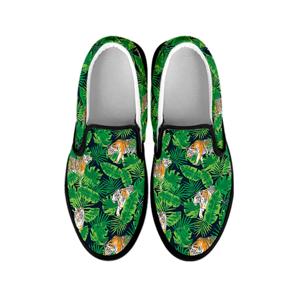 Tropical Tiger Pattern Print Black Slip On Shoes