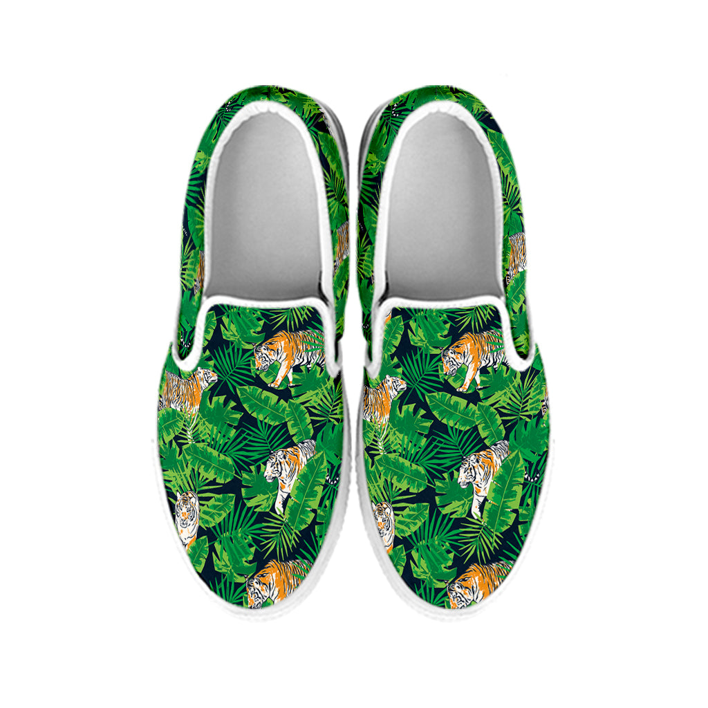 Tropical Tiger Pattern Print White Slip On Shoes
