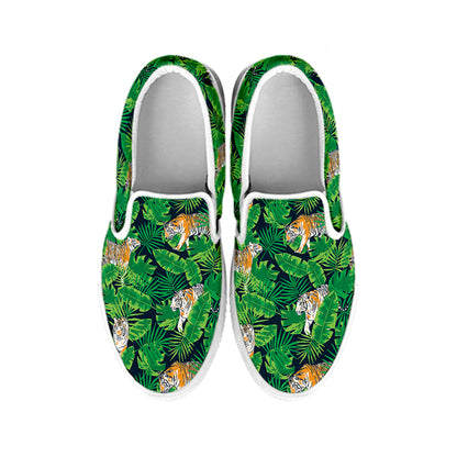 Tropical Tiger Pattern Print White Slip On Shoes