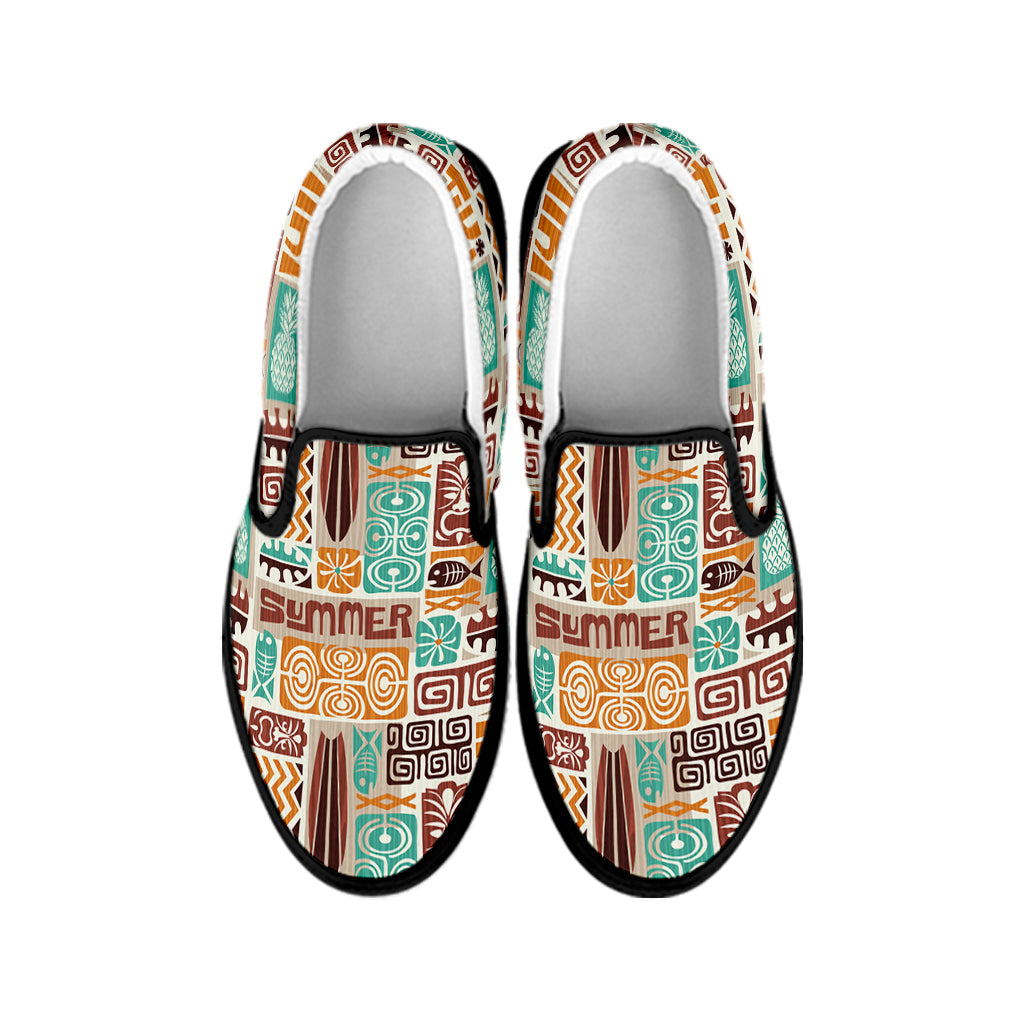 Tropical Tiki Pattern Print Black Slip On Shoes