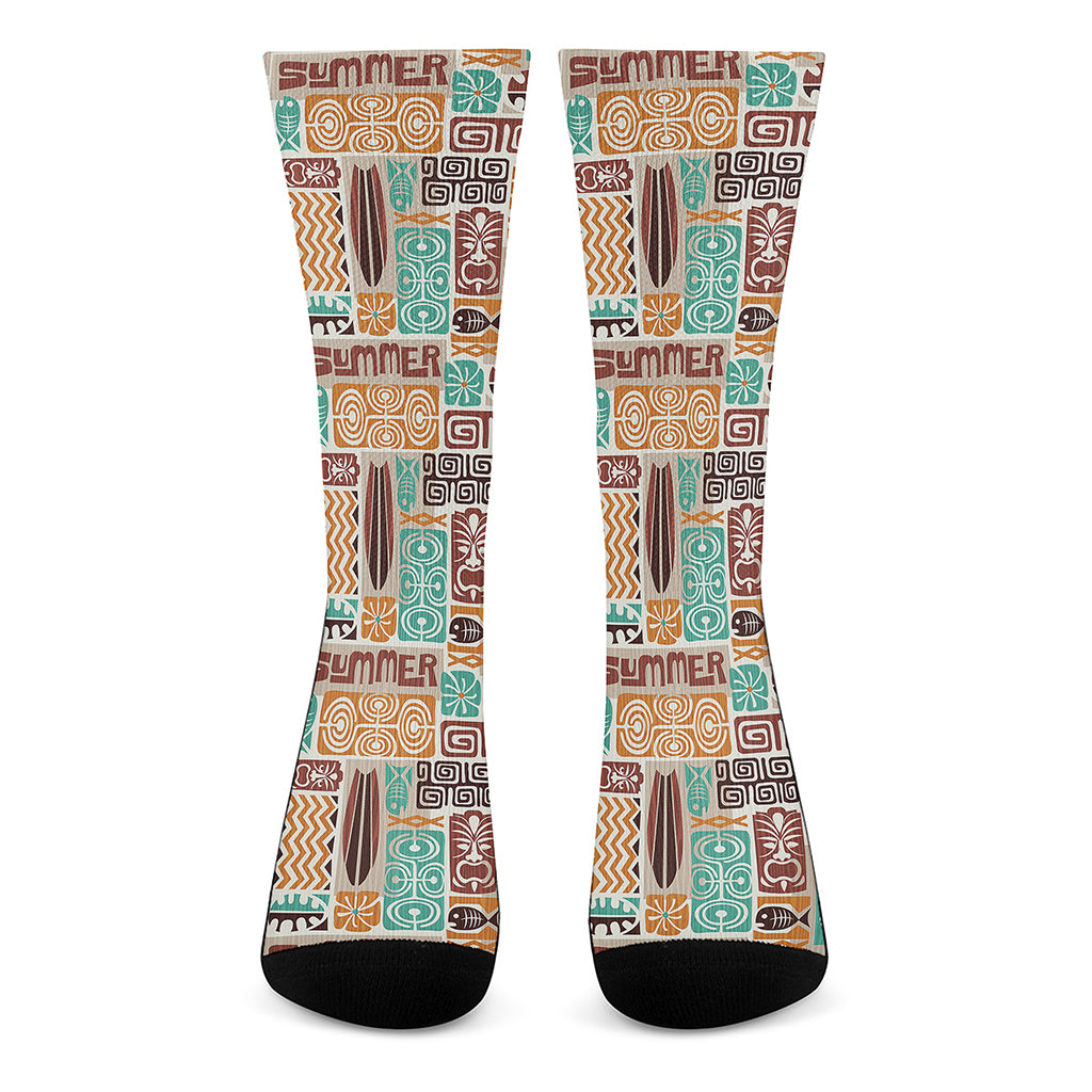 Tropical Tiki Pattern Print Crew Socks
