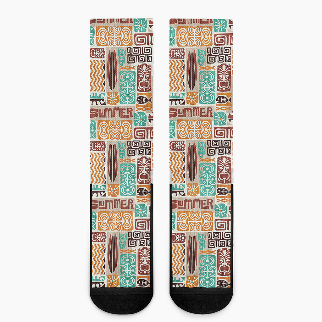 Tropical Tiki Pattern Print Crew Socks