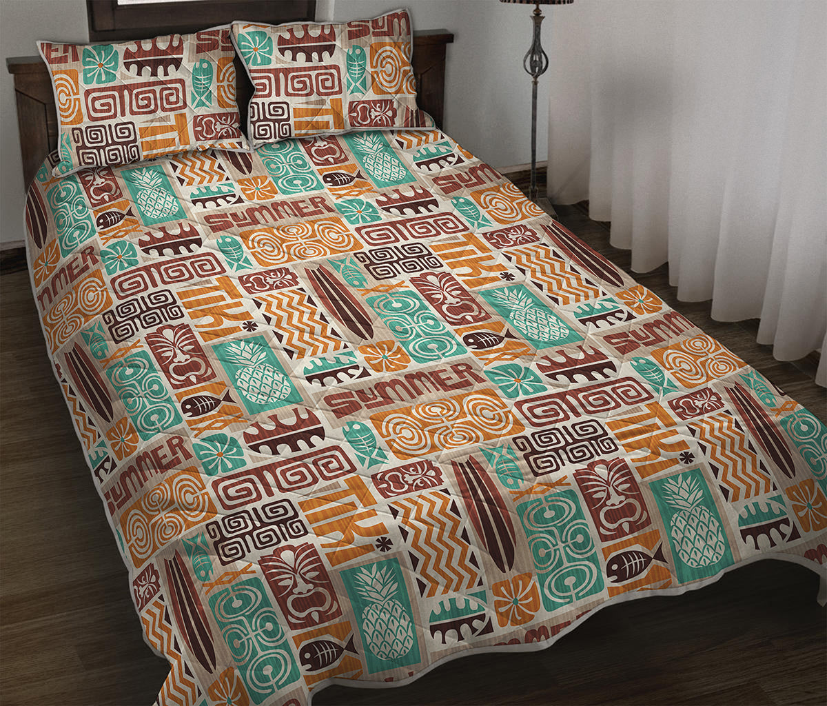 Tropical Tiki Pattern Print Quilt Bed Set