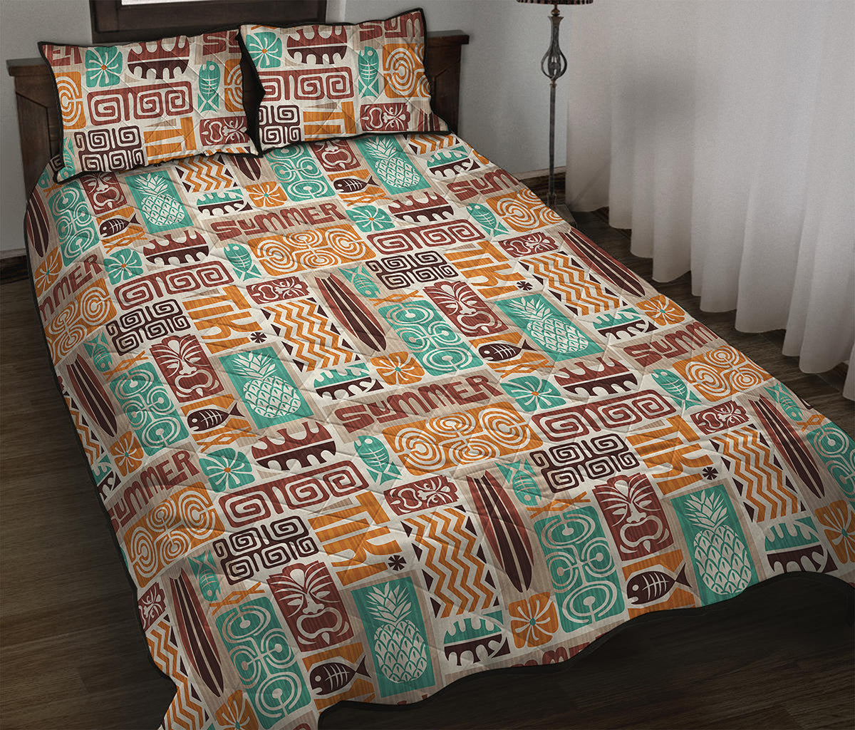 Tropical Tiki Pattern Print Quilt Bed Set