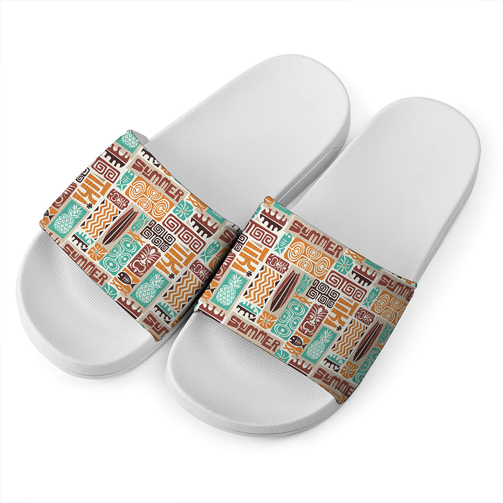 Tropical Tiki Pattern Print White Slide Sandals