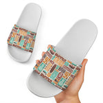 Tropical Tiki Pattern Print White Slide Sandals