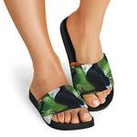 Tropical Toco  Toucan Print Black Slide Sandals