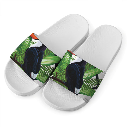 Tropical Toco  Toucan Print White Slide Sandals