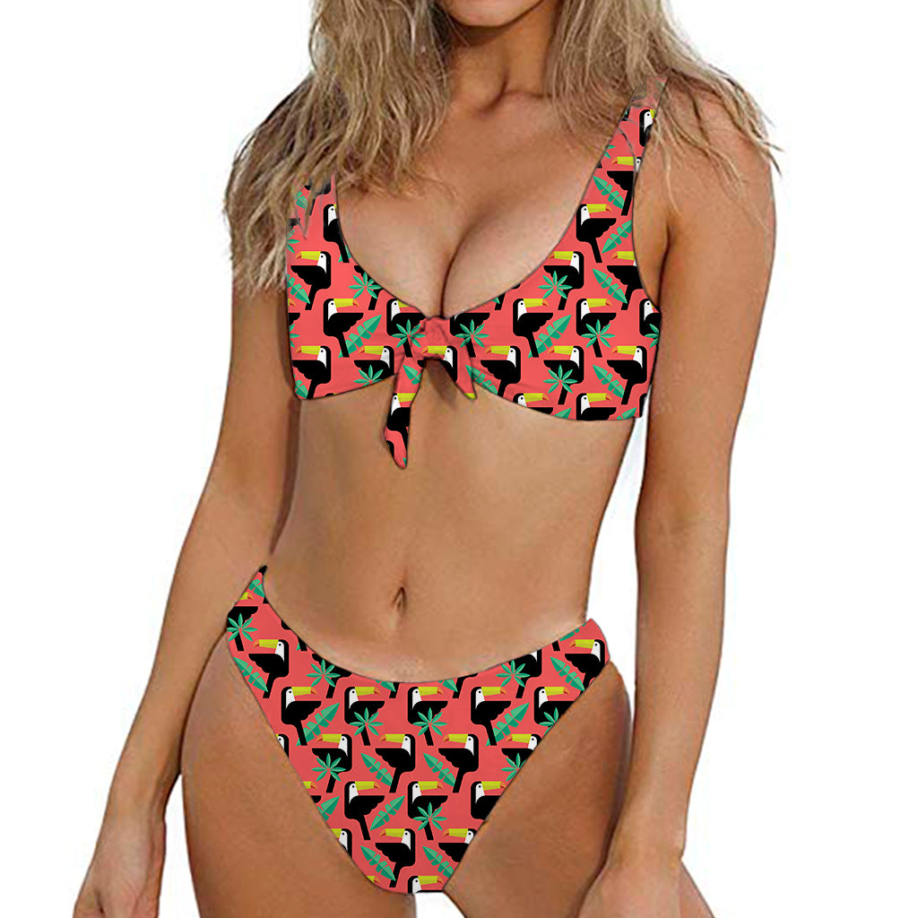 Tropical Toco Toucan Pattern Print Front Bow Tie Bikini