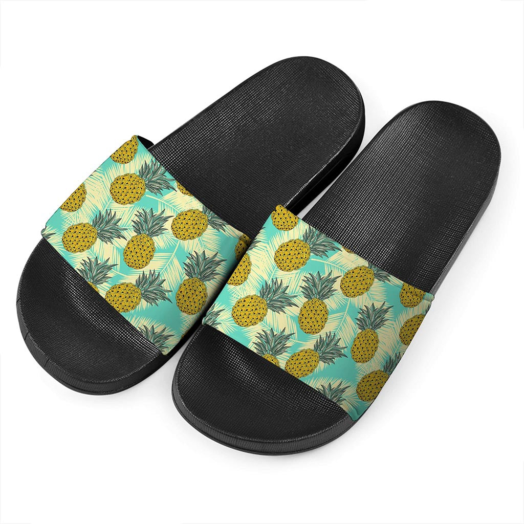 Tropical Vintage Pineapple Pattern Print Black Slide Sandals