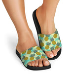 Tropical Vintage Pineapple Pattern Print Black Slide Sandals