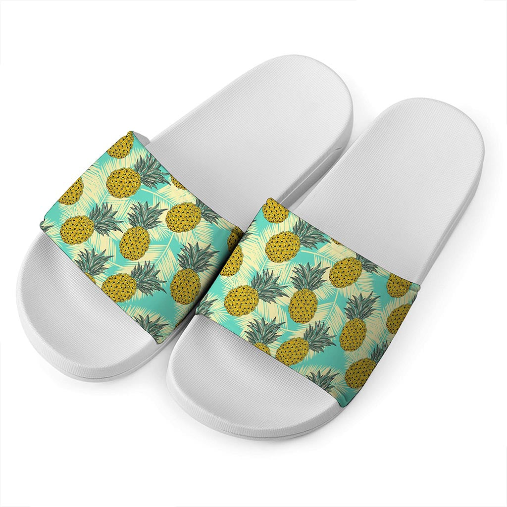 Tropical Vintage Pineapple Pattern Print White Slide Sandals