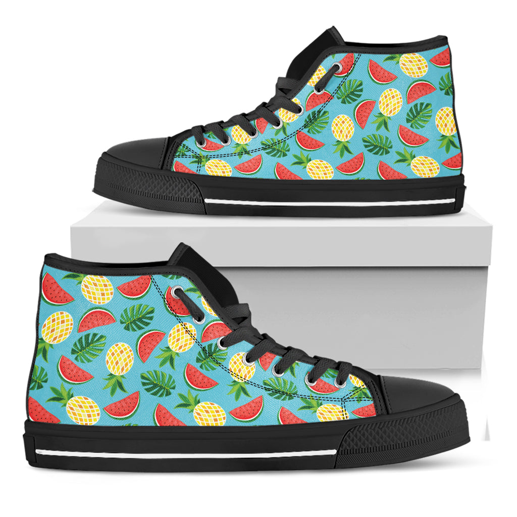 Tropical Watermelon And Pineapple Print Black High Top Shoes