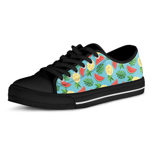 Tropical Watermelon And Pineapple Print Black Low Top Shoes