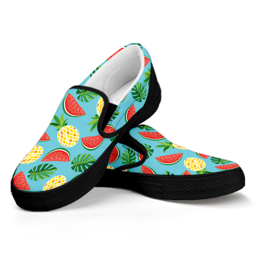 Tropical Watermelon And Pineapple Print Black Slip On Shoes