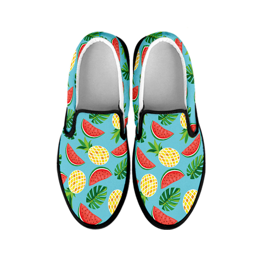 Tropical Watermelon And Pineapple Print Black Slip On Shoes