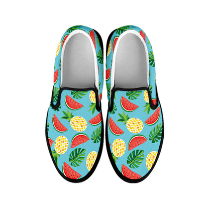 Tropical Watermelon And Pineapple Print Black Slip On Shoes
