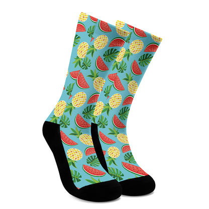 Tropical Watermelon And Pineapple Print Crew Socks