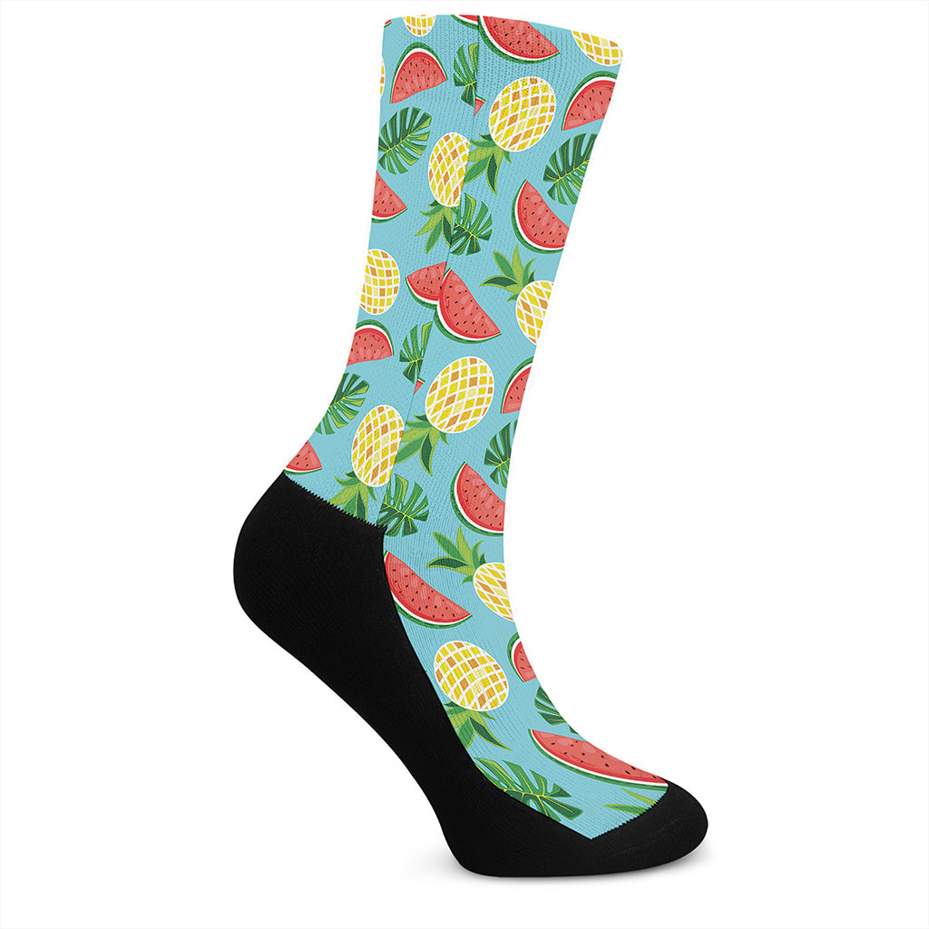 Tropical Watermelon And Pineapple Print Crew Socks