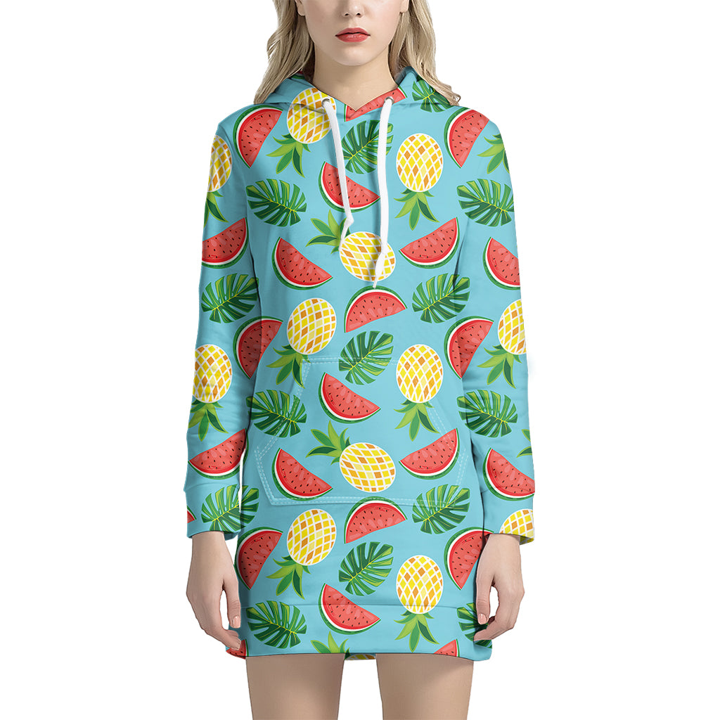 Tropical Watermelon And Pineapple Print Hoodie Dress