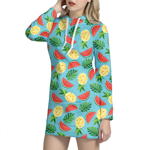 Tropical Watermelon And Pineapple Print Hoodie Dress