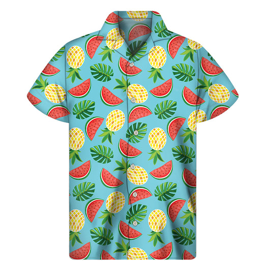 Tropical Watermelon And Pineapple Print Men's Short Sleeve Shirt