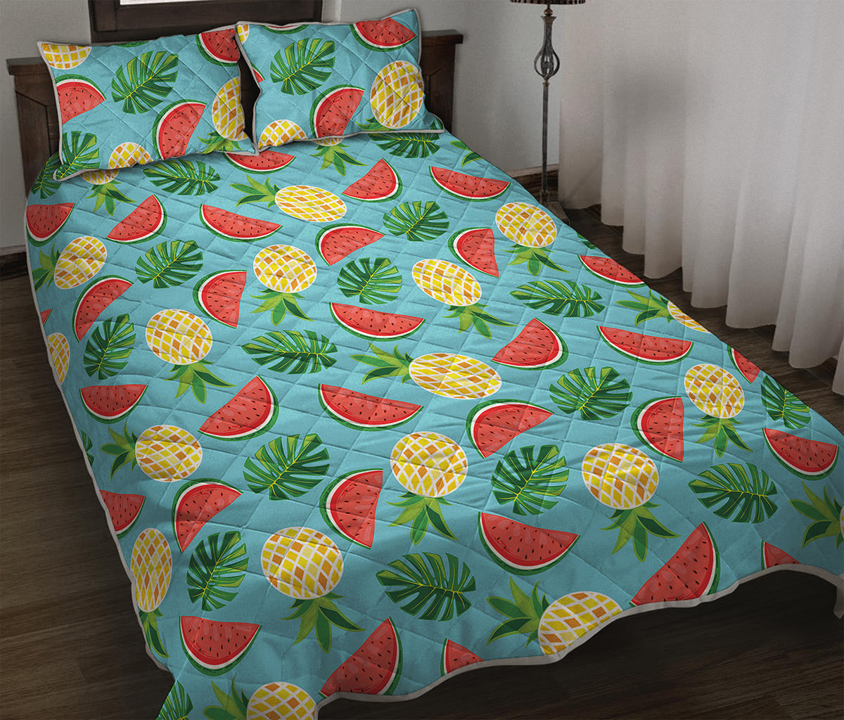 Tropical Watermelon And Pineapple Print Quilt Bed Set