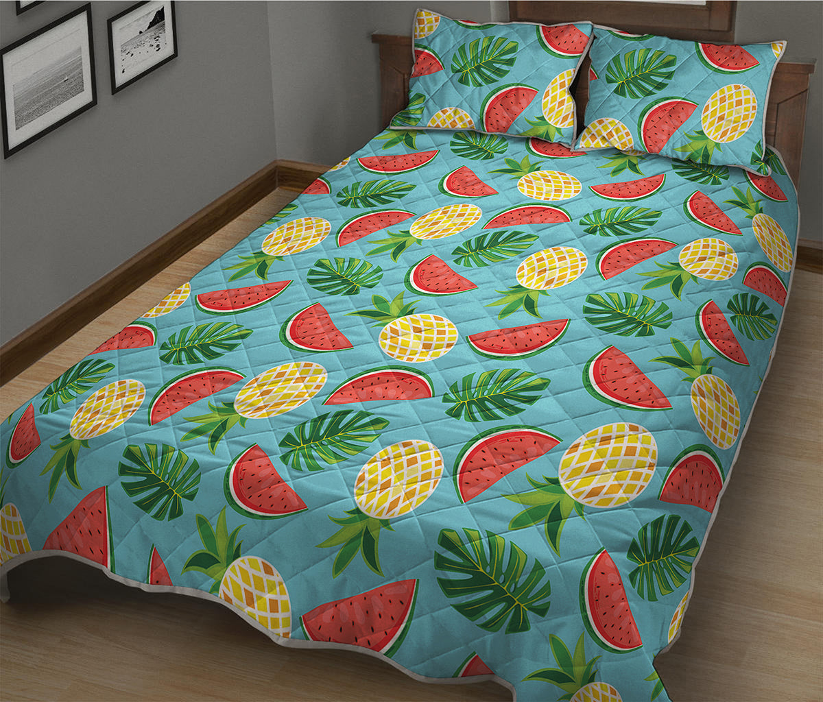 Tropical Watermelon And Pineapple Print Quilt Bed Set