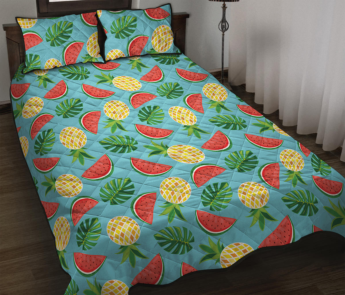 Tropical Watermelon And Pineapple Print Quilt Bed Set