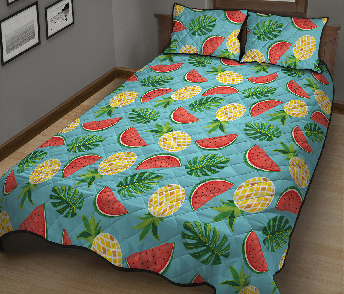 Tropical Watermelon And Pineapple Print Quilt Bed Set
