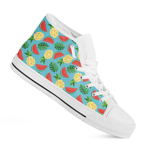 Tropical Watermelon And Pineapple Print White High Top Shoes