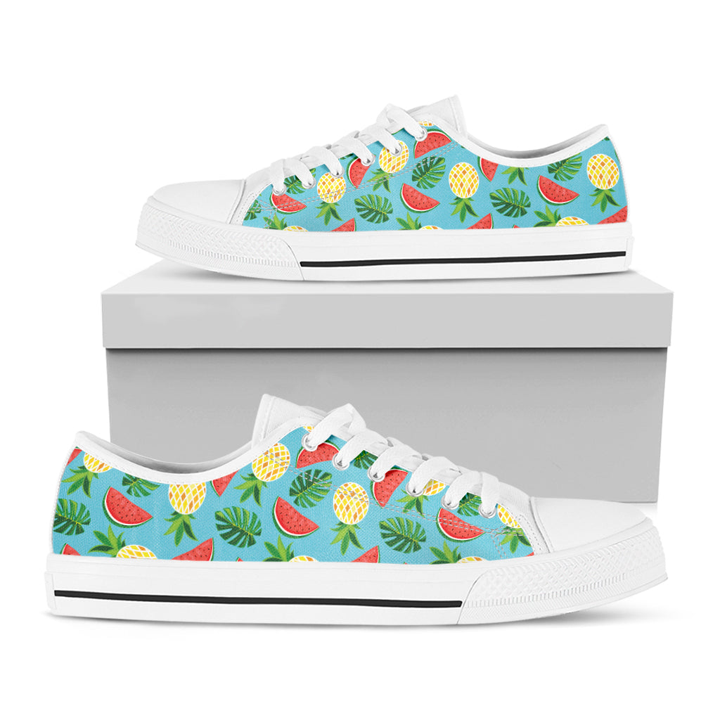 Tropical Watermelon And Pineapple Print White Low Top Shoes