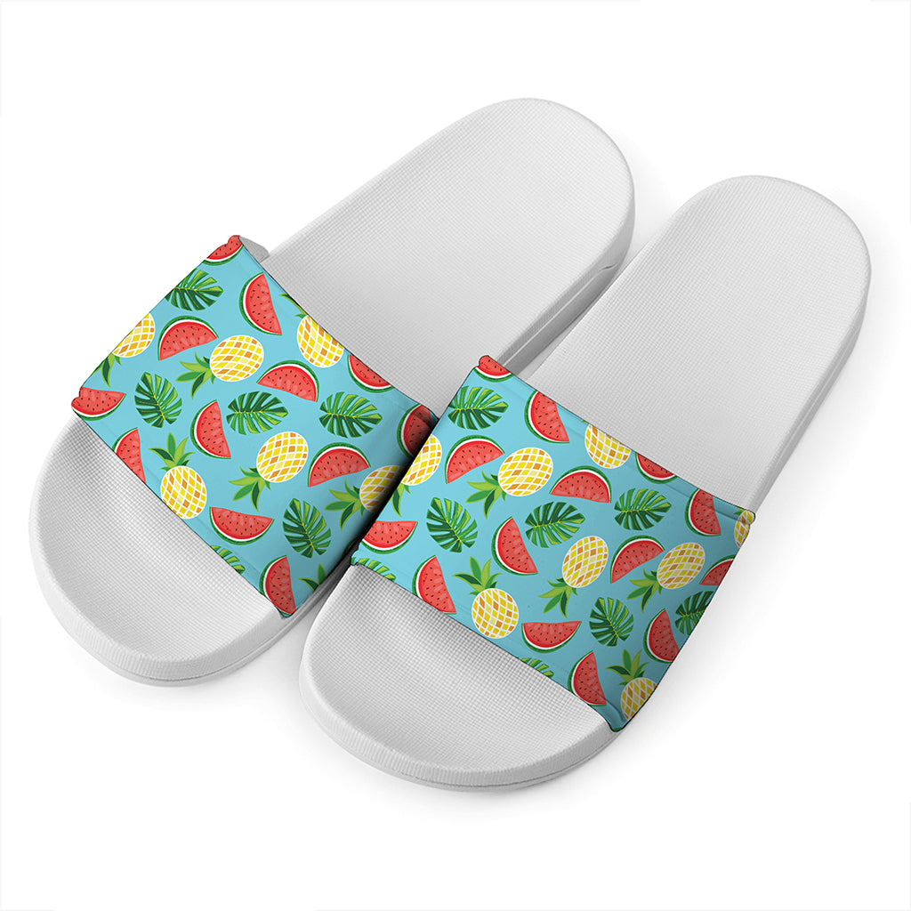 Tropical Watermelon And Pineapple Print White Slide Sandals