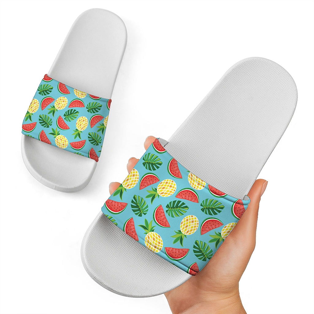 Tropical Watermelon And Pineapple Print White Slide Sandals