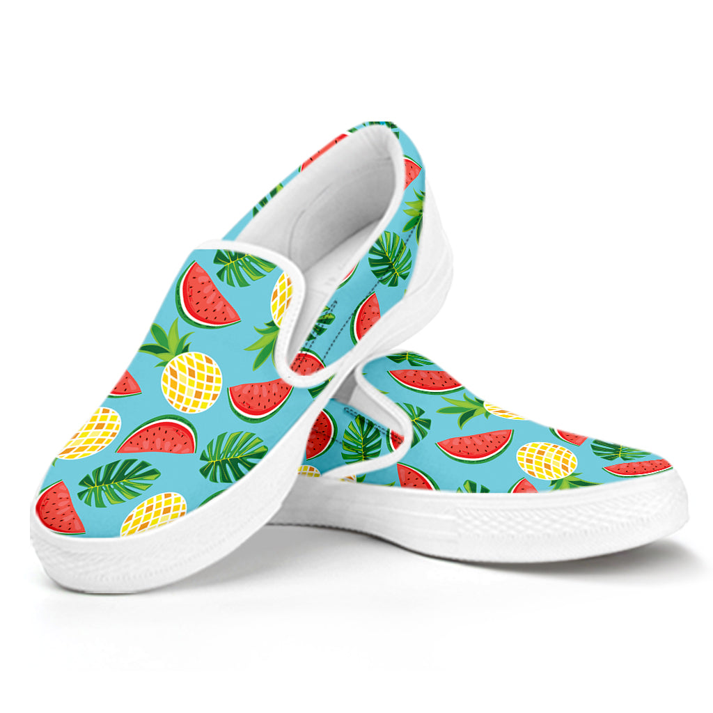 Tropical Watermelon And Pineapple Print White Slip On Shoes