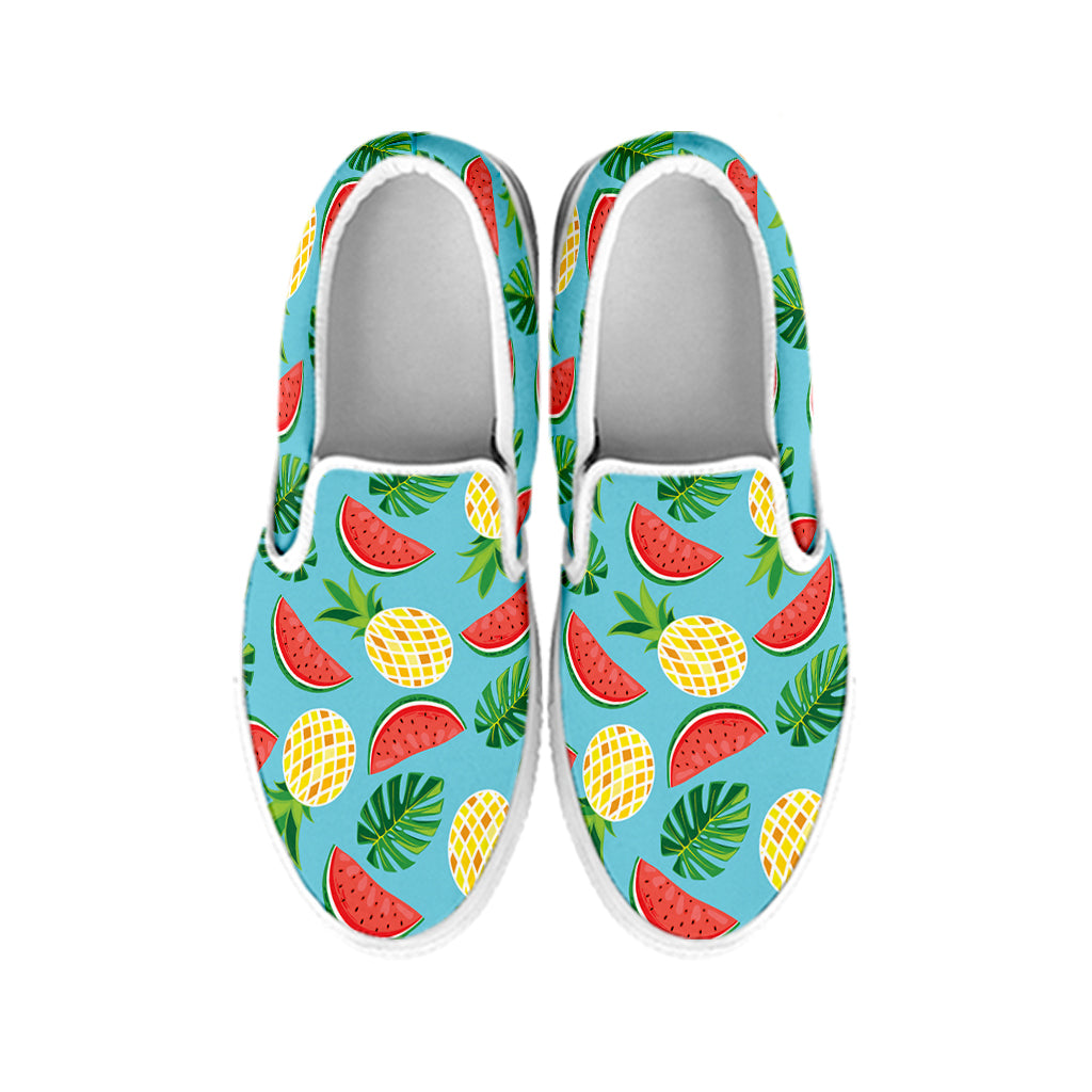 Tropical Watermelon And Pineapple Print White Slip On Shoes