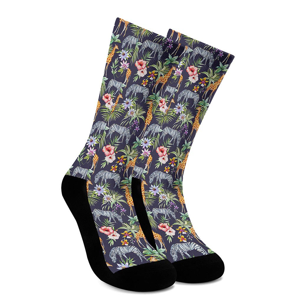Tropical Zebra Giraffe Pattern Print Crew Socks