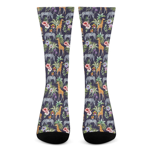 Tropical Zebra Giraffe Pattern Print Crew Socks