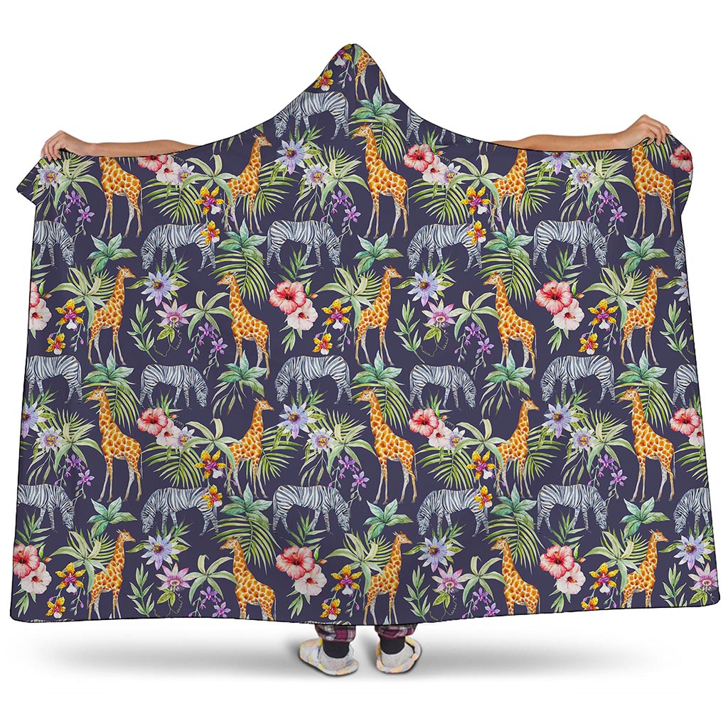 Tropical Zebra Giraffe Pattern Print Hooded Blanket