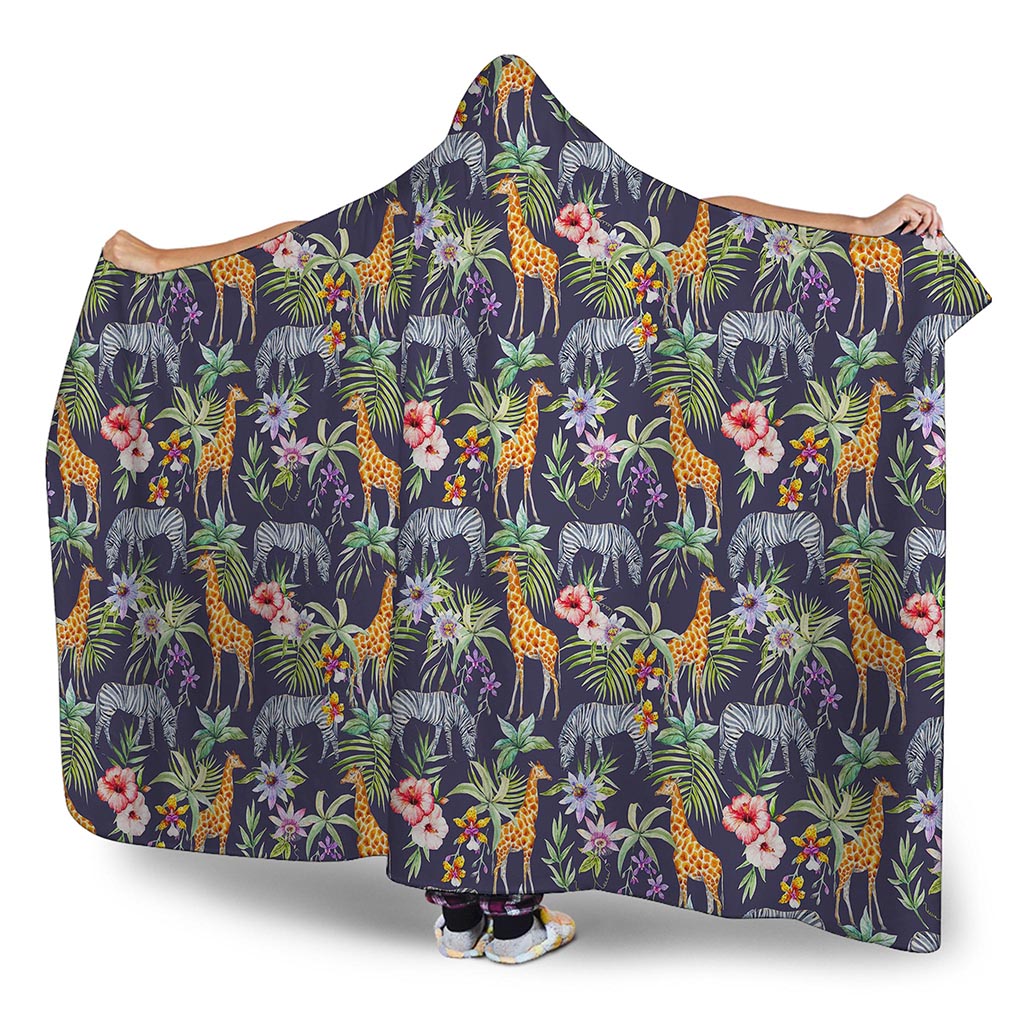 Tropical Zebra Giraffe Pattern Print Hooded Blanket