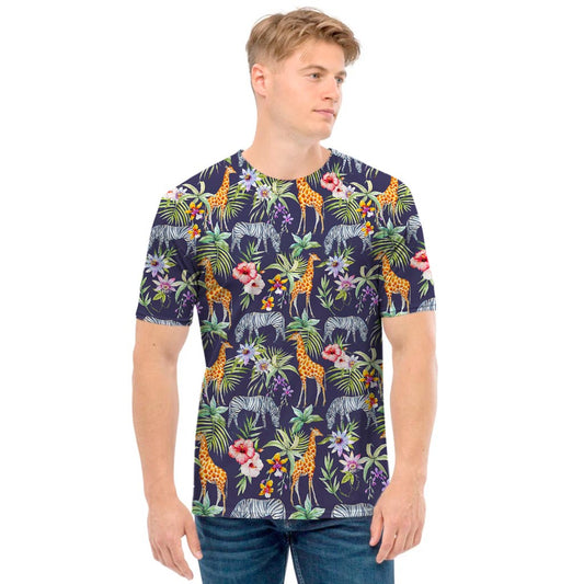 Tropical Zebra Giraffe Pattern Print Men's T-Shirt