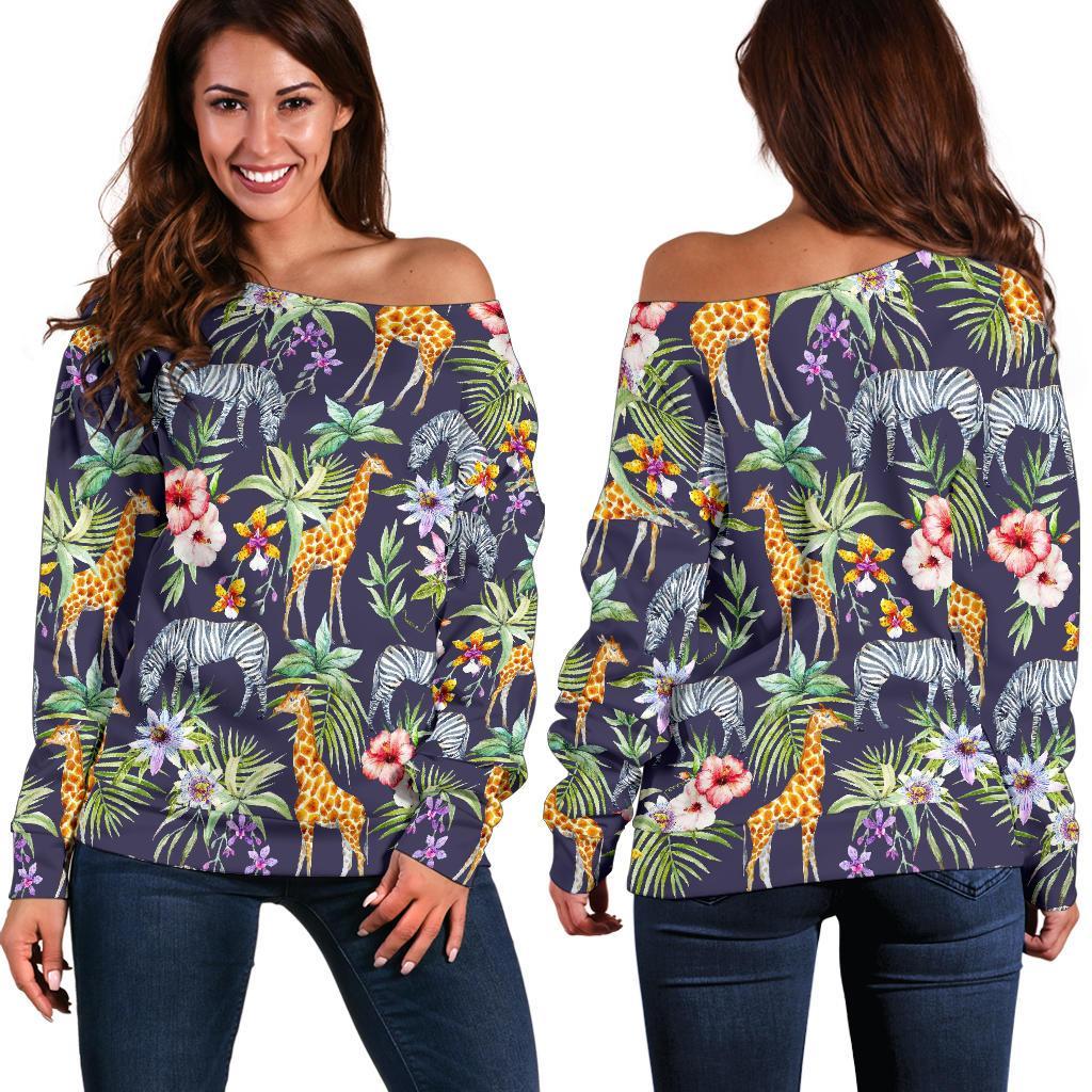 Tropical Zebra Giraffe Pattern Print Off Shoulder Sweatshirt GearFrost