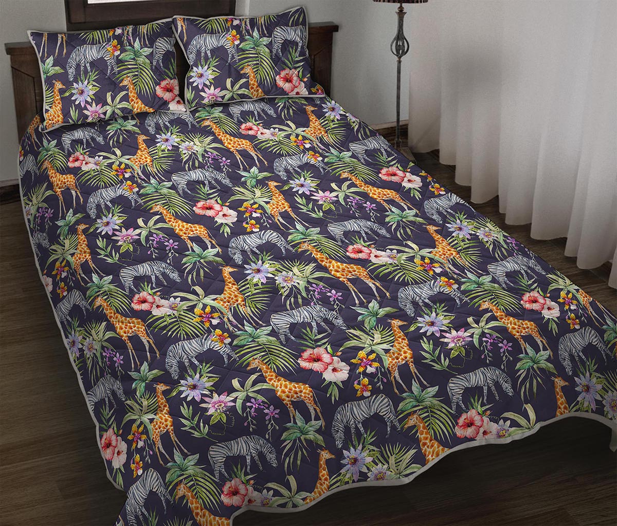 Tropical Zebra Giraffe Pattern Print Quilt Bed Set