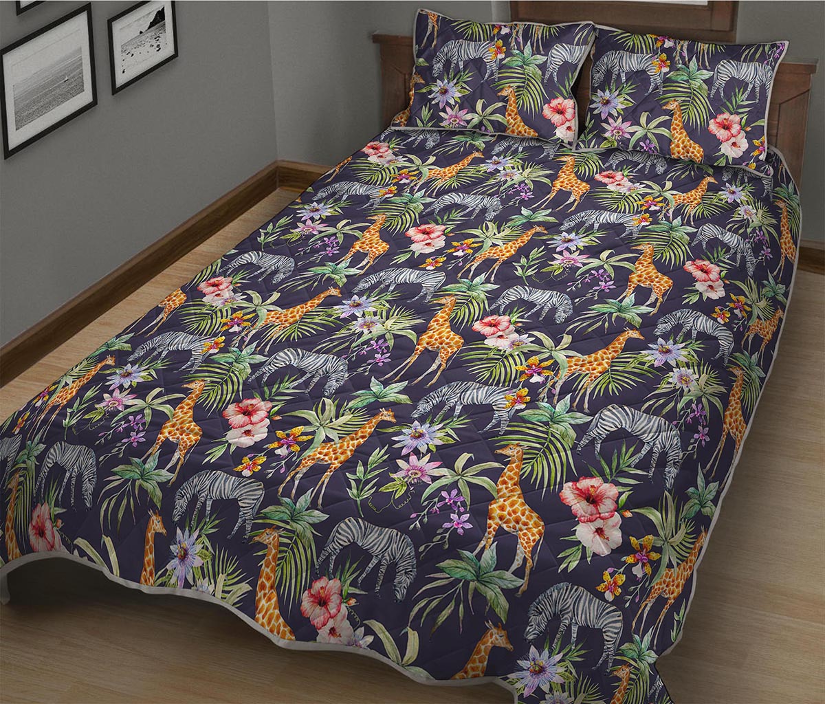 Tropical Zebra Giraffe Pattern Print Quilt Bed Set