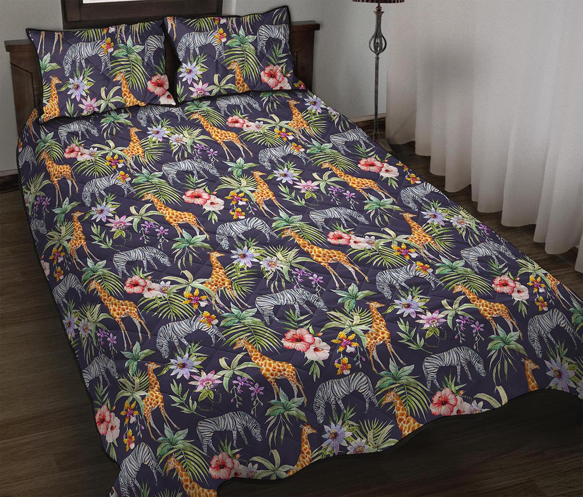 Tropical Zebra Giraffe Pattern Print Quilt Bed Set