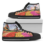 Tulip Field Print Black High Top Shoes